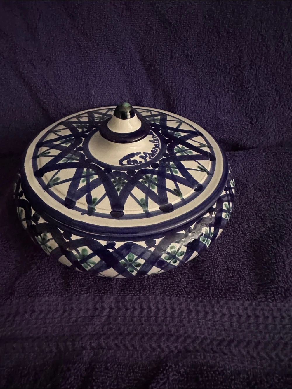Blue & Green Ceramic Lidded Storage Bowl - Decorative Home Organizer